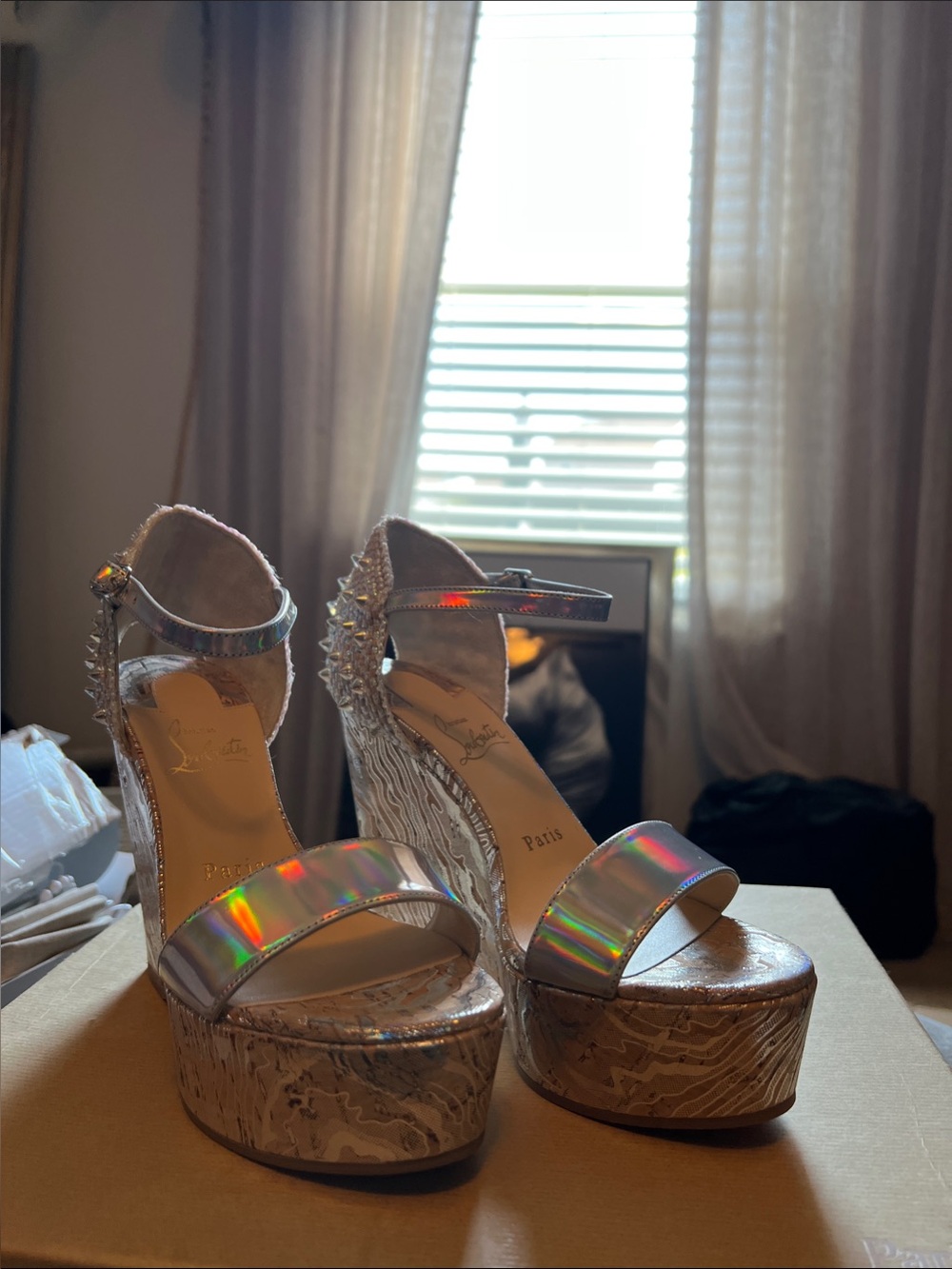 Christian Louboutin BELLAMONICA  Iridescent Holographic Platform Wedge Sandals